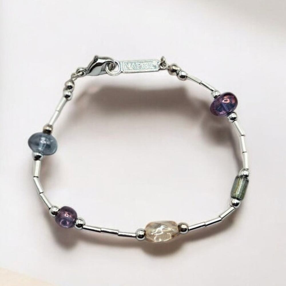 Napier Blue Purple Glass Bead Bracelet Silver Tone - Modernist Minimal
